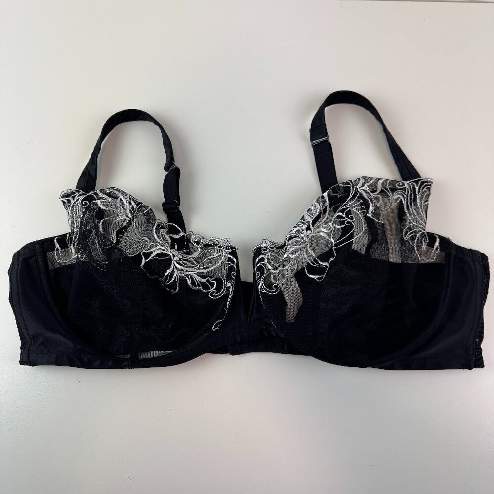Cacique 44DD black white lace sheer cup bra underwire